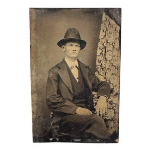 Vintage 19th Century Tintype Photograph Of Young Boy Man Gentleman In Suit & Hat